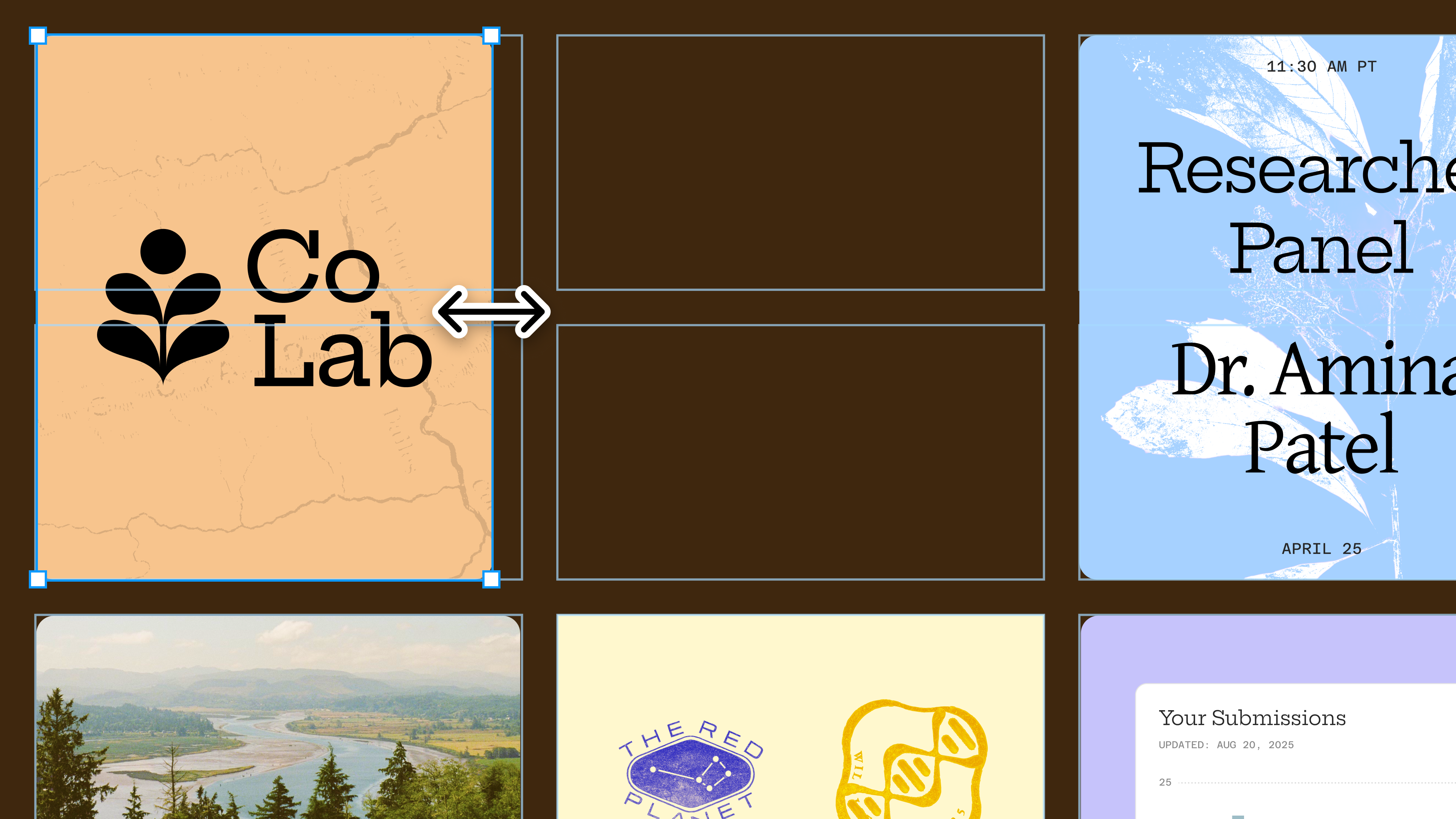 UI of multiple images in a grid layout with an arrow cursor showing the ability to span across multiple cells. 