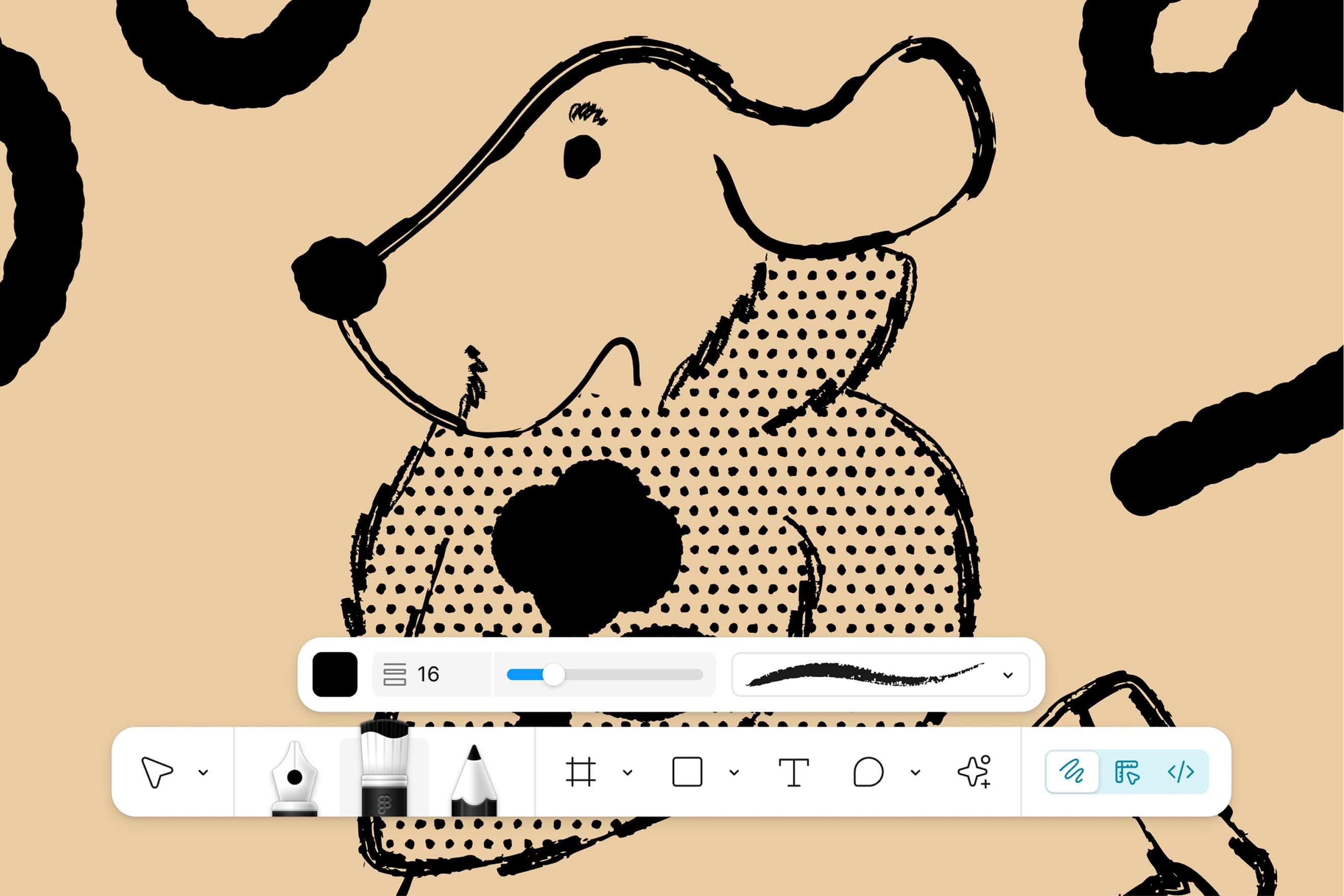 Hand drawing of a dog with a sweater on that has dots and a flower on it. 