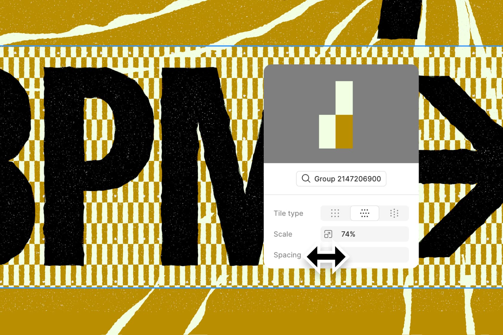 Checker board pattern with bold text overlay. A UI modal shows the tile type, scale, and spacing of the pattern. 