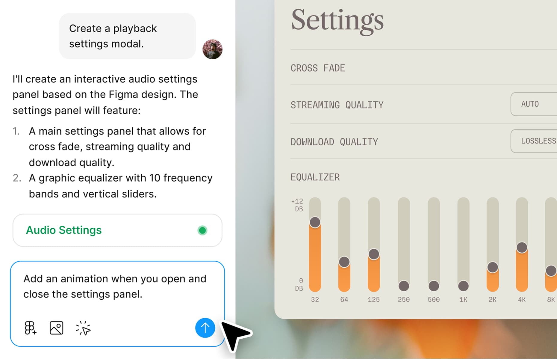 User interface of Figma Make showing the prompt box where the user has prompted to create a playback setting modal. The created visual shows settings like cross fade, streaming quality, download quality, and equalizer levels.