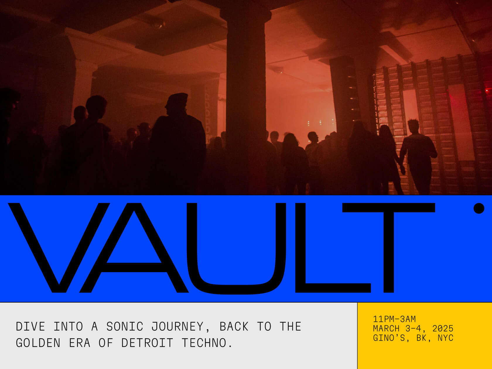 A website template example with a flower image at the top, title copy that says "Vault" with a description of "Dive into a sonic journey, back to the golden era of Detroit Techno," and date, time, and location.
