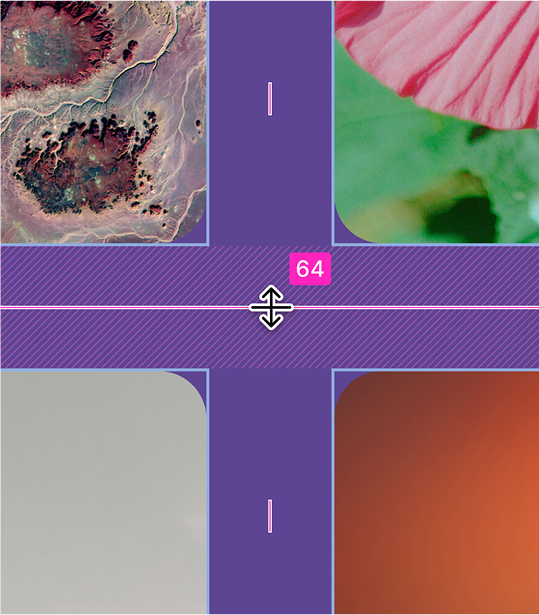 UI of multiple images in a grid layout with an arrow cursor showing the ability to change padding and margins.