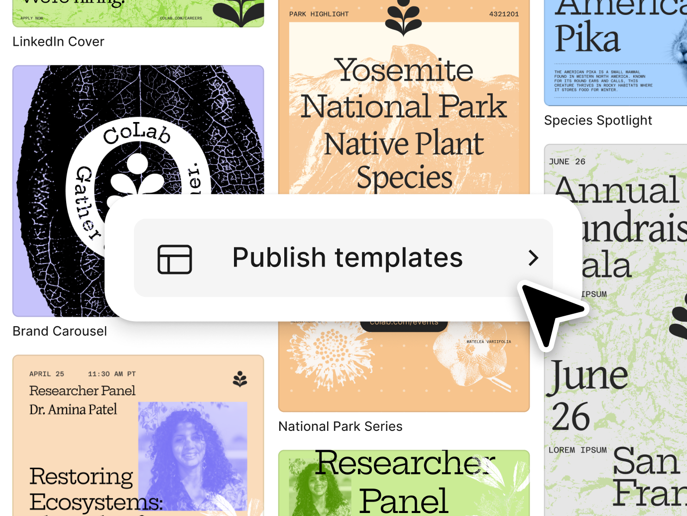 Multiple assets displayed in the background with a UI of the "Publish templates" button. 