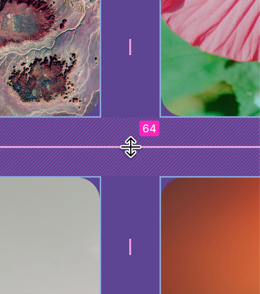 UI of multiple images in a grid layout with an arrow cursor showing the ability to change padding and margins.