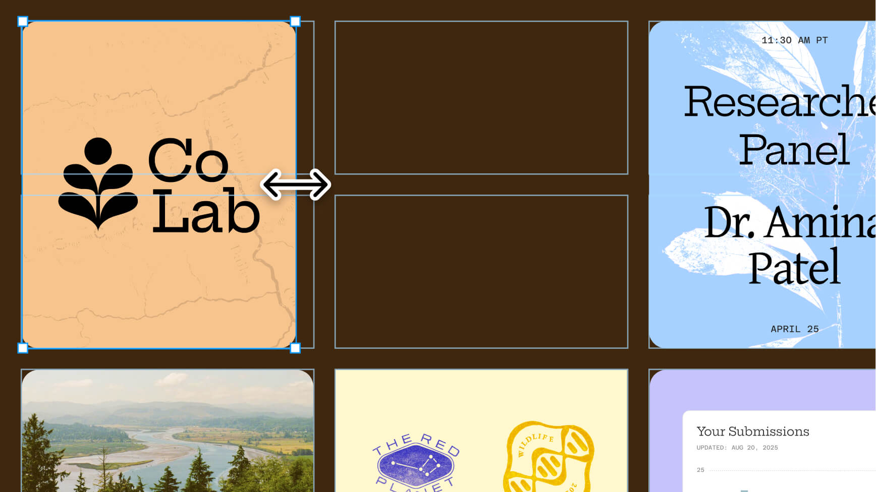 UI of multiple images in a grid layout with an arrow cursor showing the ability to span across multiple cells. 