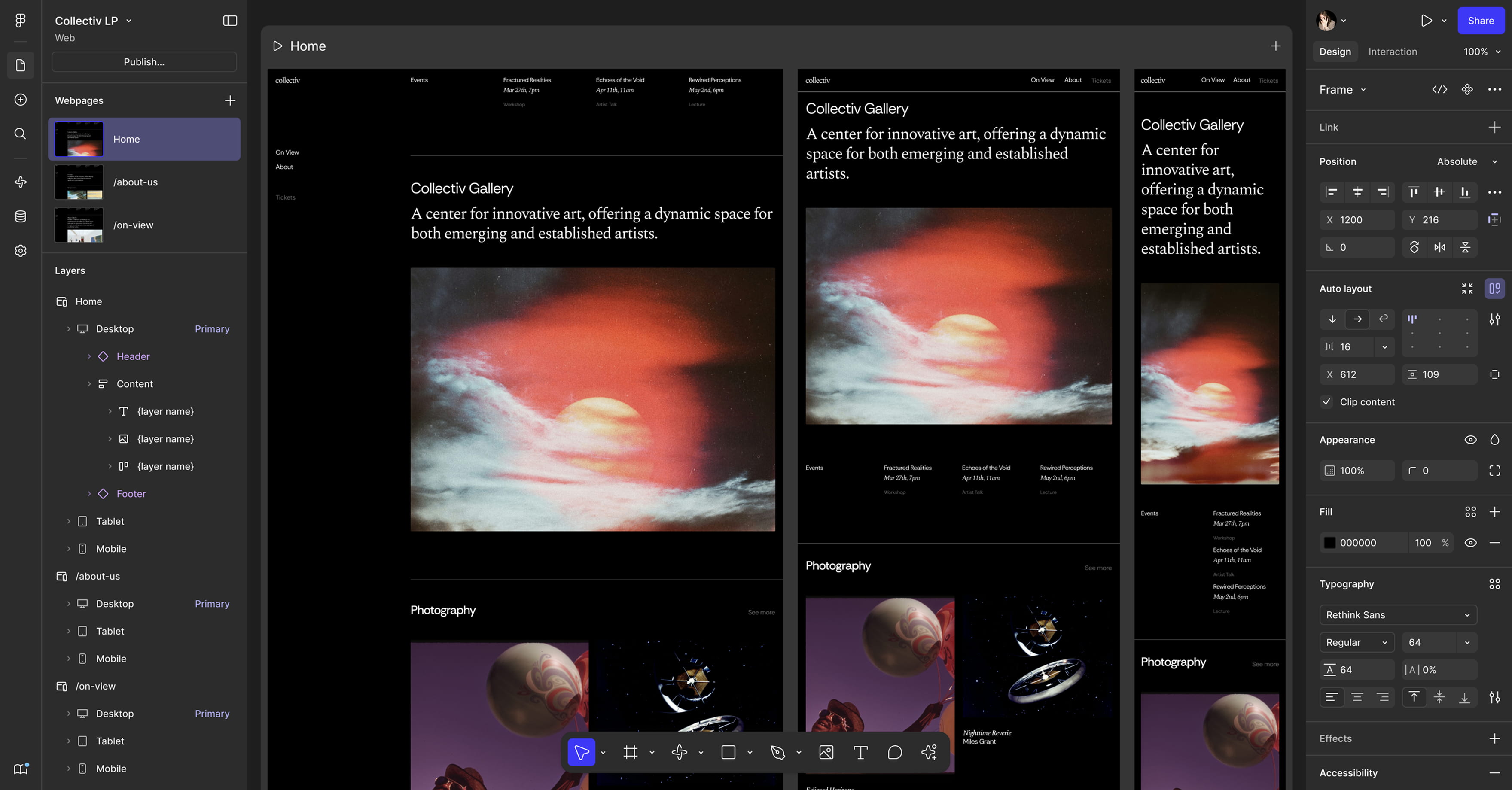 Image showing the UI of Figma Sites. Panels are on the left and right of the image and a text and image based webpage is being built with images of an abstract moonscape. 
